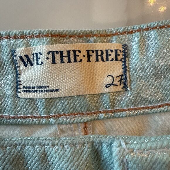 Free People Lap of Luxury Barrel Cargo Jeans Aqua Marine Metallic Size 27 NWOT - Picture 12 of 14